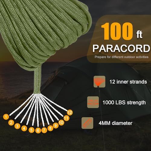 Outdoor Paracord Rope 1000Lb 12 Strand Stronger than 550 Parachute Cord Army Gre - Picture 2 of 6