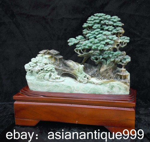 12.2" China Natürliche Dushan Jade Schnitzen Berge Landschaft Brücke Baum Statue - Bild 11 von 14
