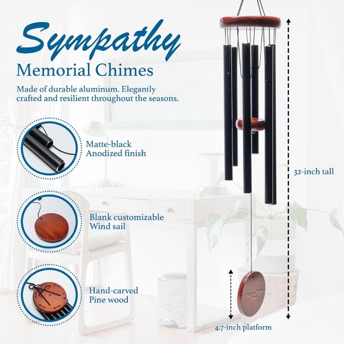 EverNice 32in Memorial Wind Chimes, Deep Tone, Sympathy Gift for Loss, Mom Black - Picture 3 of 9