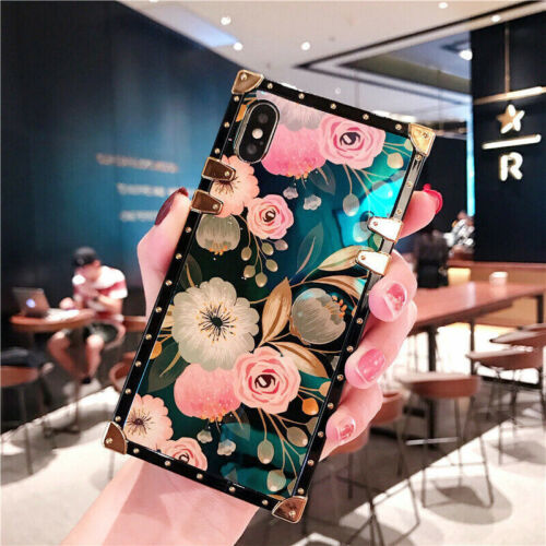 Luxury Blu-ray Flower Pattern Square Phone Case For iPhone 13 12 Pro 11 XR 7 8 6 - Afbeelding 1 van 14