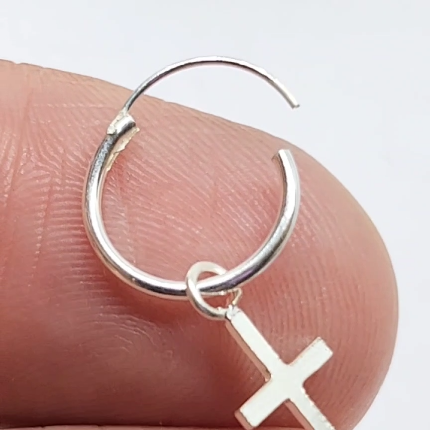 Boucles D'oreilles Croix Cerceau En Argent Sterling 925 - Diamètre 10mm, Longueur 25mm, Neuf Avec étiquettes