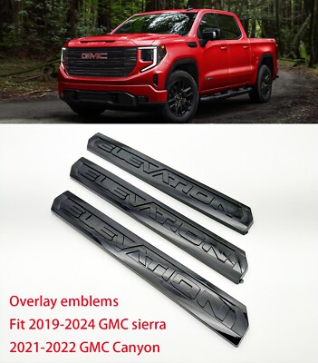 Overlay 3PC Gloss black Door Rear Elevation Emblem 2019+ Sierra 1500 2021+Canyon
