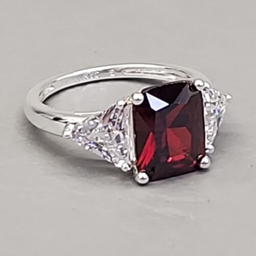 Rhinestone Ring Red Garnet Stone Cubic Zirconia Silver Tone Ss Prong Set Sz 6 - Picture 2 of 11