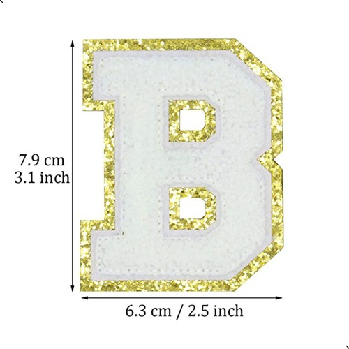 Chenille English Letter White A-Z Iron On Repair Patch with Gold Glitter Border - Picture 10 of 35