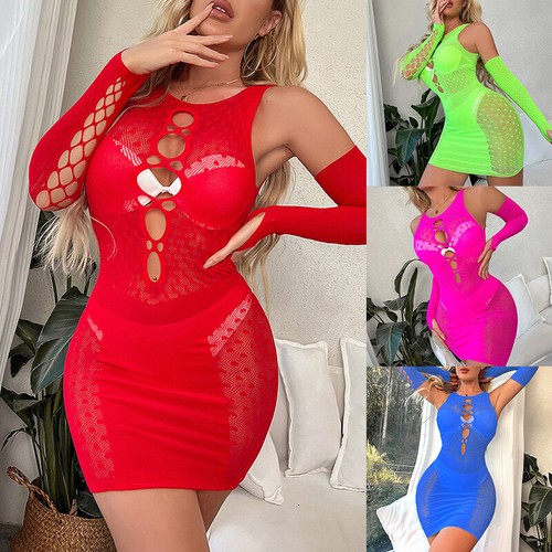 Women's Sexy Fishnet Lingerie Mini Dress Hollow Out Bodycon Babydoll Sleepwear - Picture 7 of 21