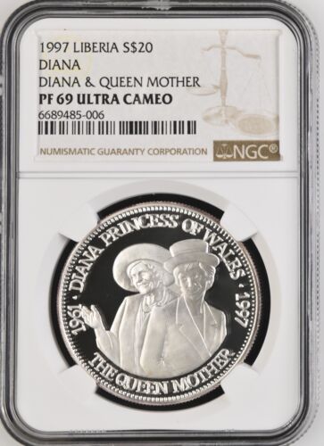 1997 LIBERIA SILVER 20 DOLLARS DIANA & QUEEN MOTHER - NGC PF 69 ULTRA CAMEO - Afbeelding 1 van 4