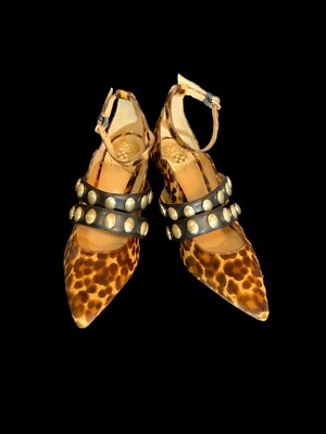 Vince Camuto Leopard Cow Hide Ankle Strap Pumps wide Black Double Straps