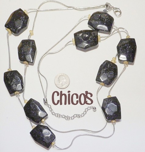 Signed CHICO'S Black w/Glittery Blue & Silver Goldstone 2-Strand Necklace 39" - 第 1/5 張圖片