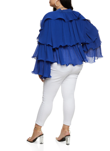 Women Plus Size Blue Plisse Ruffled Tiered Bell Sleeves Blouse. Size 3XL. - Picture 2 of 2