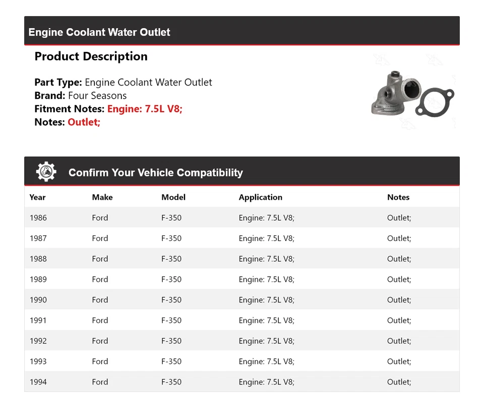 Para Ford F-350 1986-1994 motor V8 7,5 L salida de agua refrigerante 4 estaciones 1987 1988 Foto 2 de 4