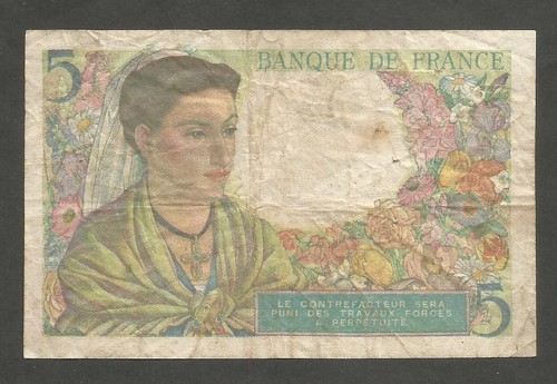 France 5 Francs 5.8.1943; VG; P-98a; BNB-B973a; Shepherd; WWII - Picture 2 of 2