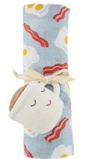 New NWT Boutique Mud Pie Girl Boy Bacon Eggs Muslin Blanket Rattle Set 47 X 47