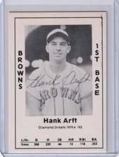 1979 DIAMOND GREATS #192 HANK ARFT HAND SIGNED AUTOGRAPH BROWNS 4013