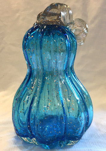 Art Glass Hand Blown Aqua Blue Gourd Pumpkin Clear Curly Stem Gold Flecks LG 8" - Picture 6 of 14