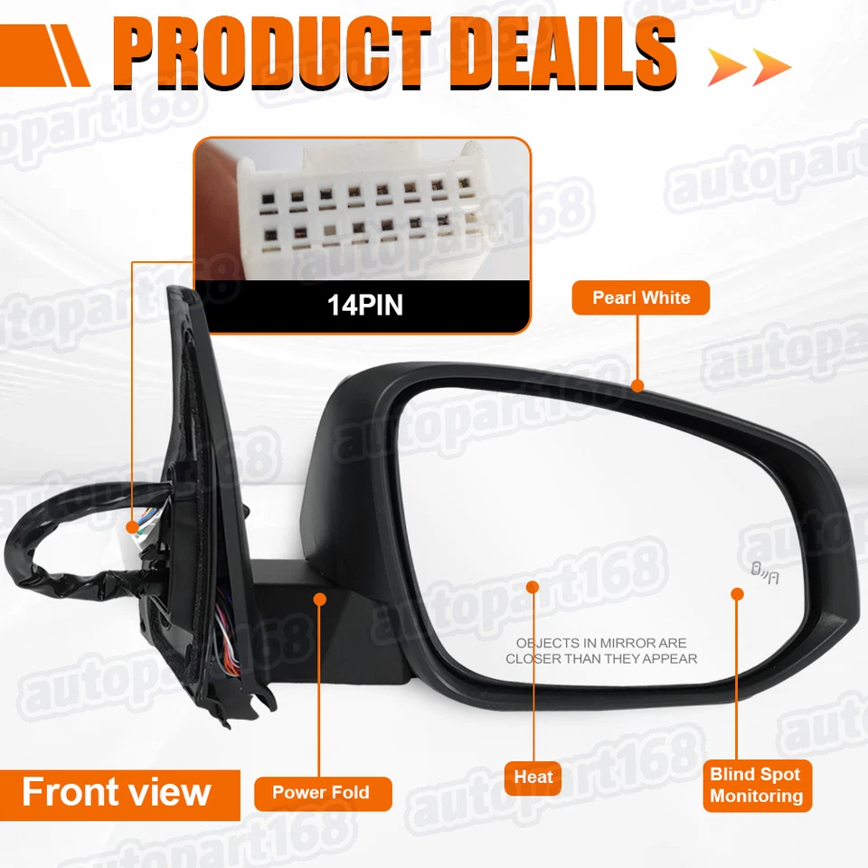 For Toyota 4Runner 2014-23 Mirror W/ Camera Blind Spot 14 Pins Pearl White Right - Изображение 3 из 4