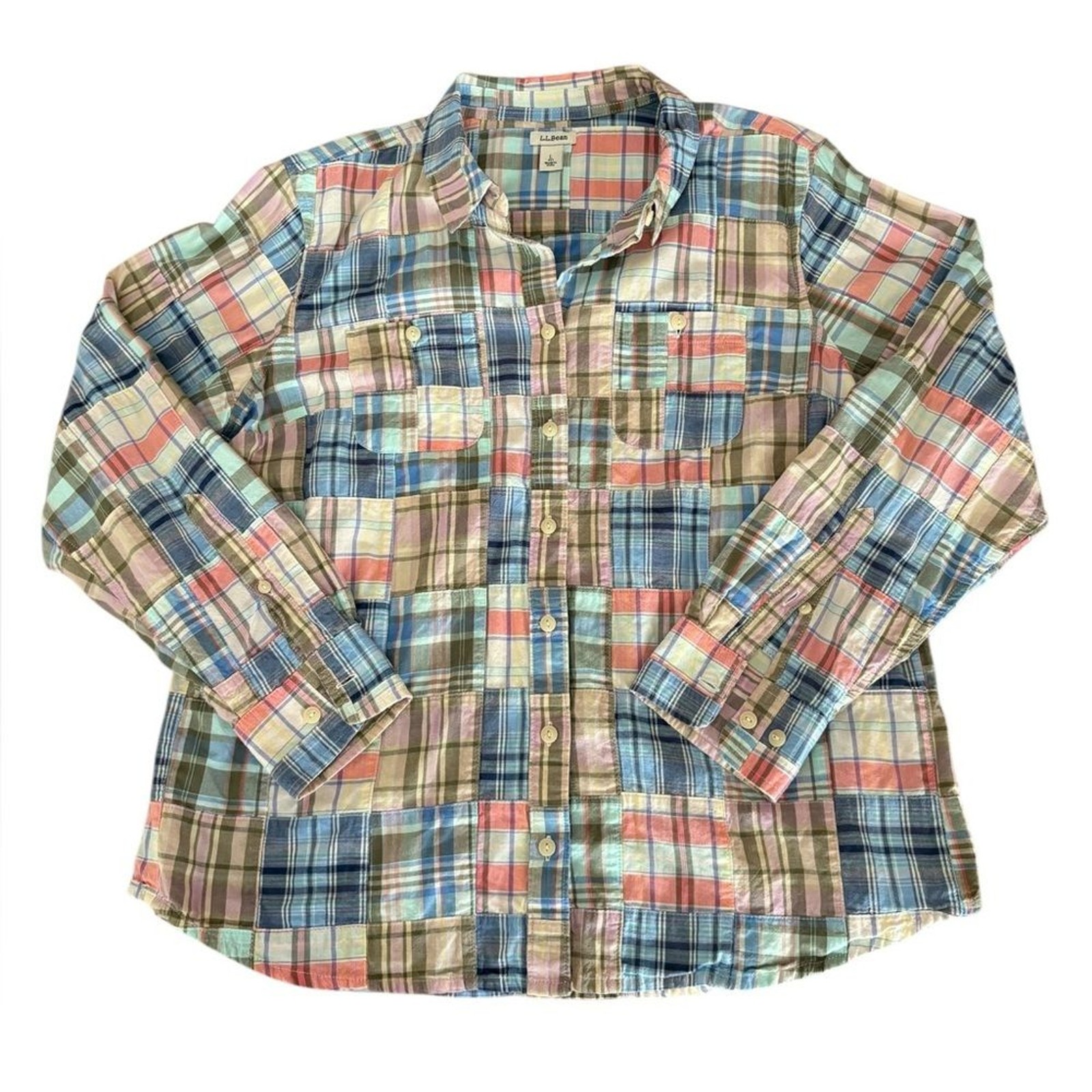 LL Bean Button Front Top Plaid Patchwork Long Sle… - image 6
