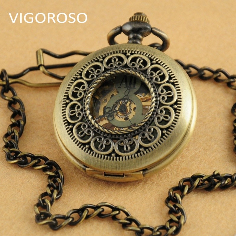 Vintage Bronze Hollow Engraved Hand-winding Mechanical Pocket Watch with Chain
