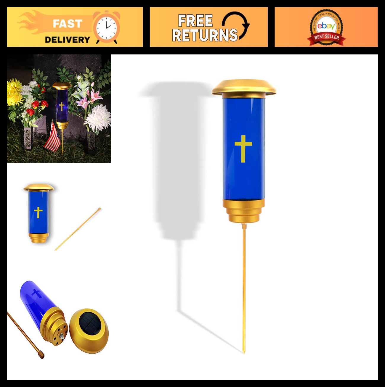 Solar Cemetery Lights - Solar Cross Grave Candle Holder, Ete