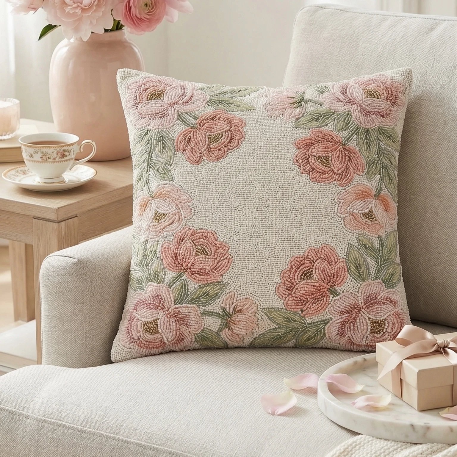 Handmade Beaded Floral Throw Pillow Cover Decorative Luxury Accent Cushion Case