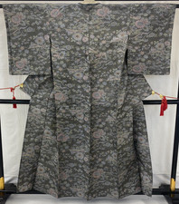 Japanese Vintage Kimono Silk Tumugi Gray No Lining Traditional Length 64 in