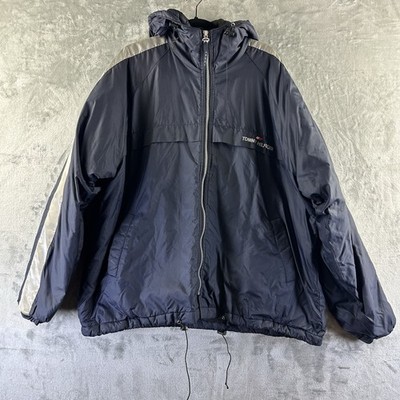 VTG Tommy Hilfiger Jacket Coat Men s XL Navy Blue 90 s Y2K Spell Out Hood Zip