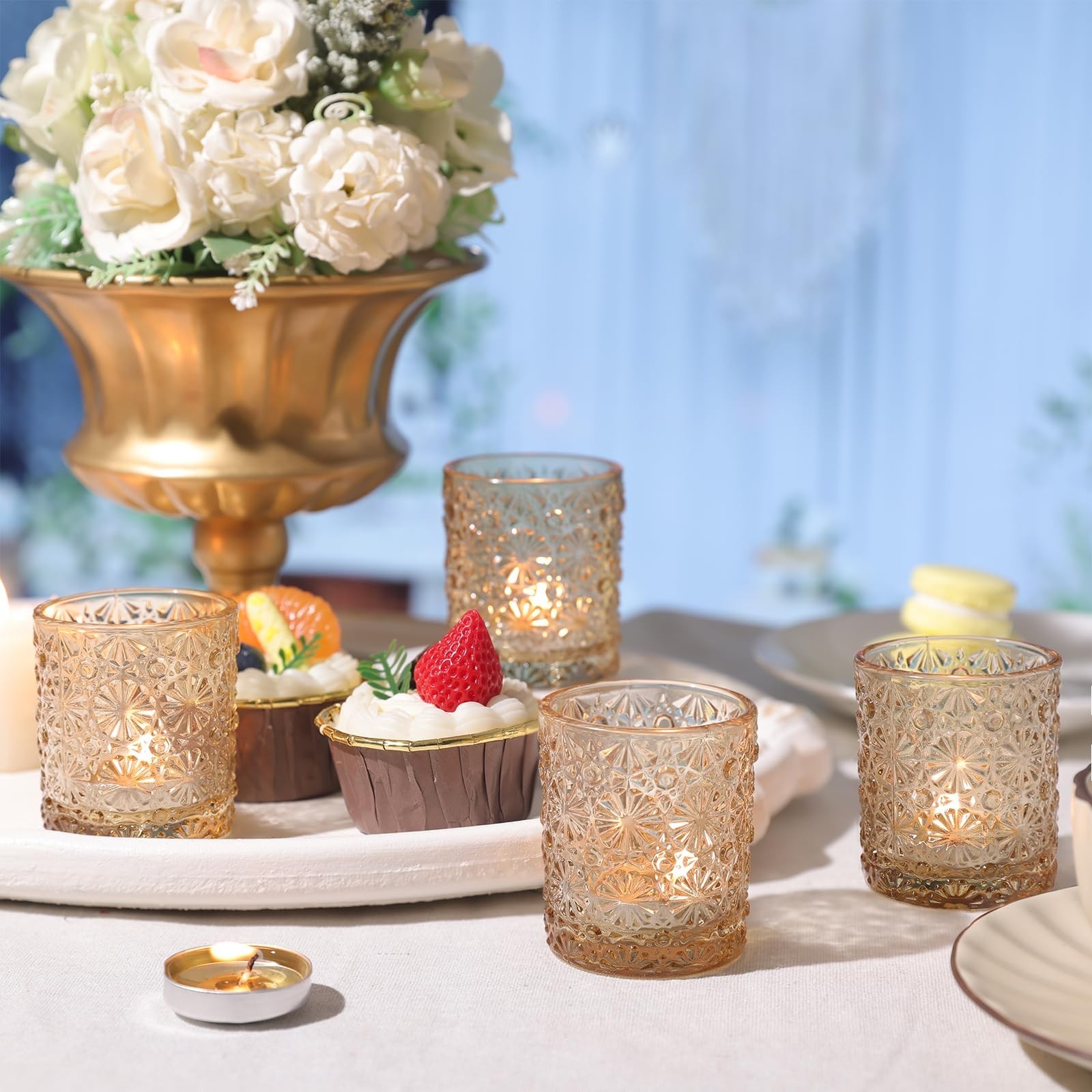 Gold Votive Candle Holder Set of 12, Flower Tea Lights Candles Holders for We...