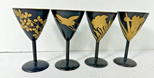 Japanese Stemmed Sake Cups Black Gold lacquered CRANE FLORAL IRIS VINTAGE