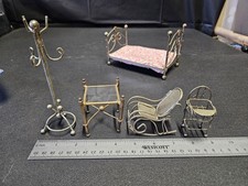 Vintage Lot of Five Brass Metal Dollhouse Furniture Miniatures Bed Table Coat