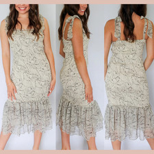 NEW $55 Lena [ Small ] Alana Smocked Leaf Print Midi Dress in Cream Black U1460