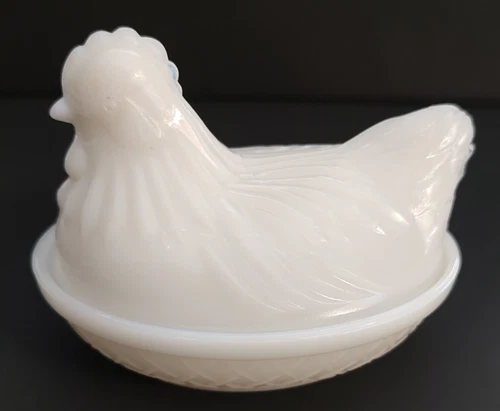 Vintage White Milk Glass Hen on Nest Dish Chicken in Basket 4.25" by Hazel Atlas