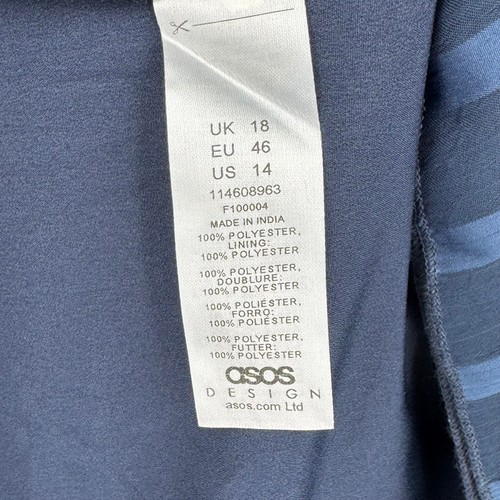 Asos Design abito curvo 14 raso righe a strati volant schiena aperta bottone blu midi - Foto 11 di 12