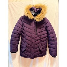 Swiss Tech Womens Purple Puffer Jacket Faux Fur Hood Chevron Quilted Coat M 8-10