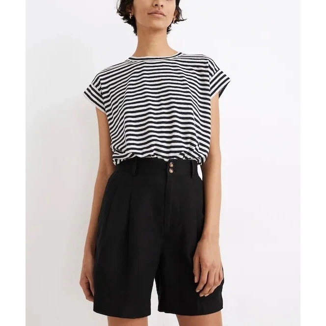 MADEWELL Long Linen Pleated Shorts Women 4 Black Pleated High Rise Casual Retro