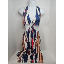 SHEIN Abstract Print Halter Neck Cutout Maxi Dress M Ble/Red/Off White Sexy Knit