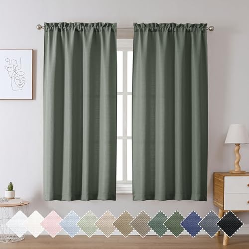 Bennet Olive Green Curtains 54 Inch Length 2 Panels, Faux Linen Textured Semi - Picture 2 of 6