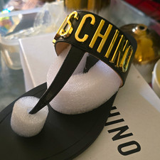 MOSCHINO Women's Black/Gold Logo Thong Sandals Slip-On Leather Size 9