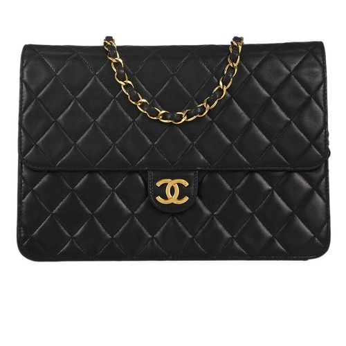 Chanel Black Lambskin Pushlock Medium Half Flap Shoulder Bag 188125