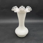 Vintage Milk Glass Silver Crest Vase 1950s Crimped Ruffled Edge White 8"