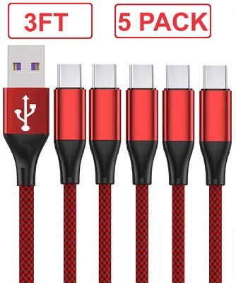 5-Pack Braided USB C Type-C Fast Charging Data SYNC Charger Cable Cord 3/6/10FT