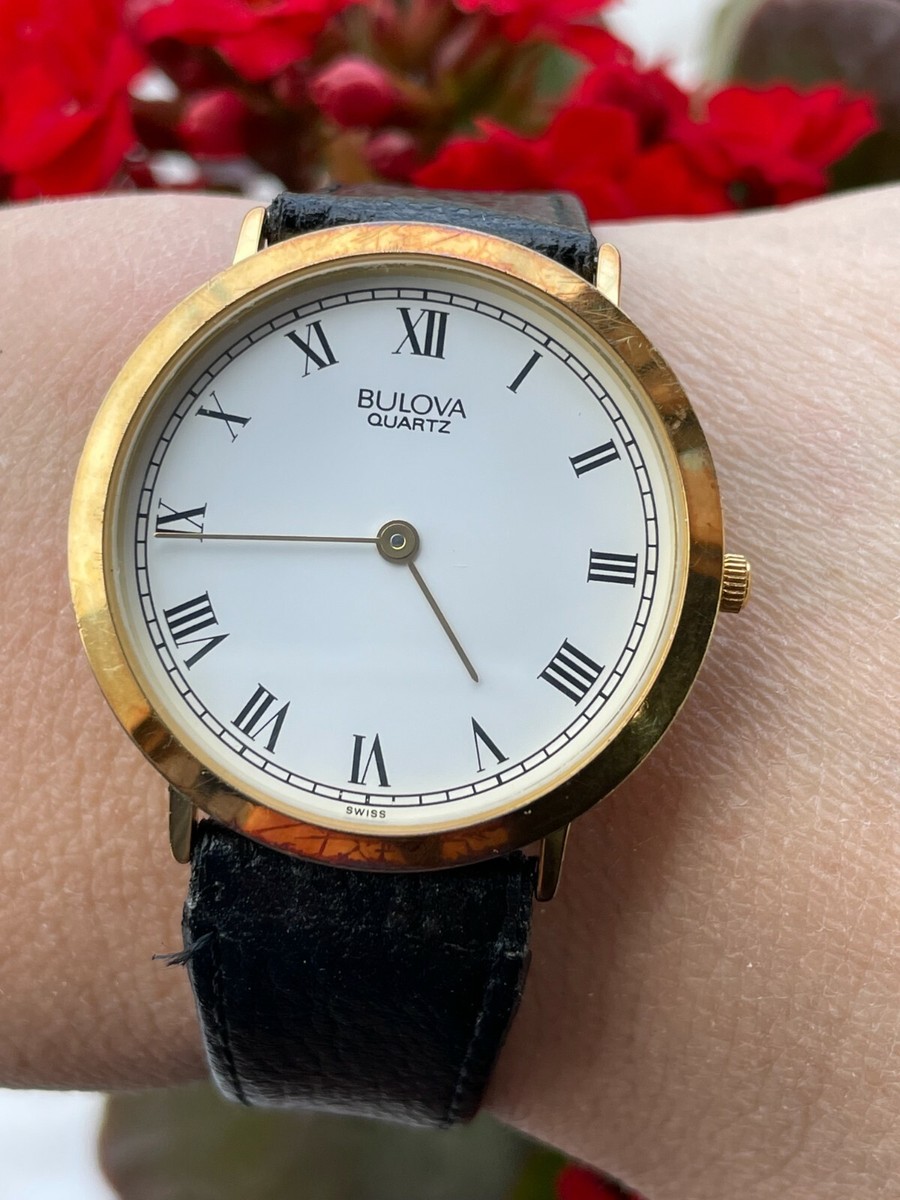 Vintage Bulova Quartz Women\'s Gold Tone White Dial Black Leather Watch Swiss Vintage Bulova Ladies Watch | Swiss Made | Gold Plated  main image 2