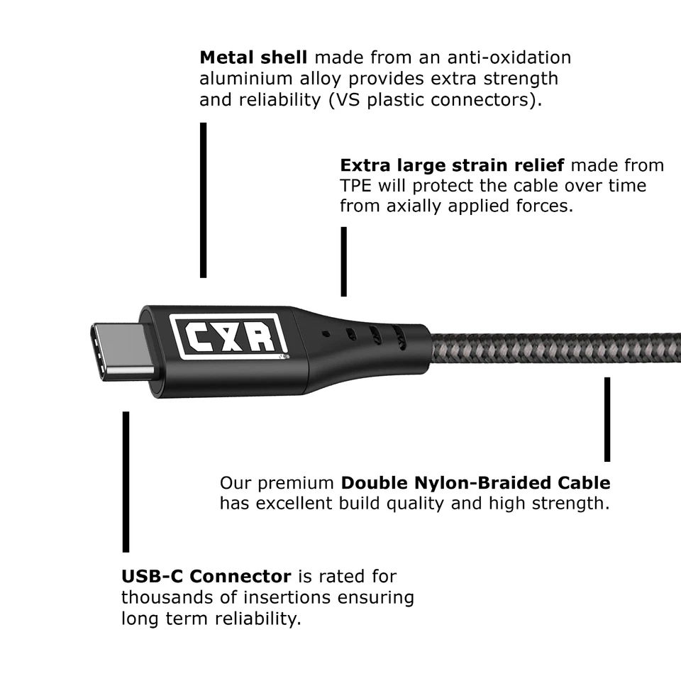 C&R Premium USB C Cable | Nylon Braided | USB3.2 Gen2 20Gbps 100W Fast Charge 4K - Image 3 of 4
