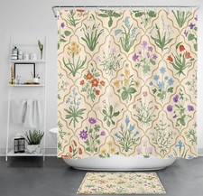 Plant Green Leaf and Colorful Wildflower Shower Curtain Bathroom Accessories Set