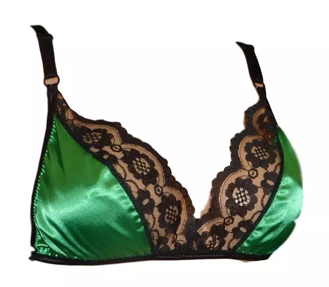 Soft unstructured no wire SATIN & lace BRA French lingerie EMERALD GREEN  BLACK