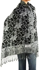 Women's Woven Paisley Pashmina Shawl Wrap Scarf 80" x 27" Style 1 - Black White