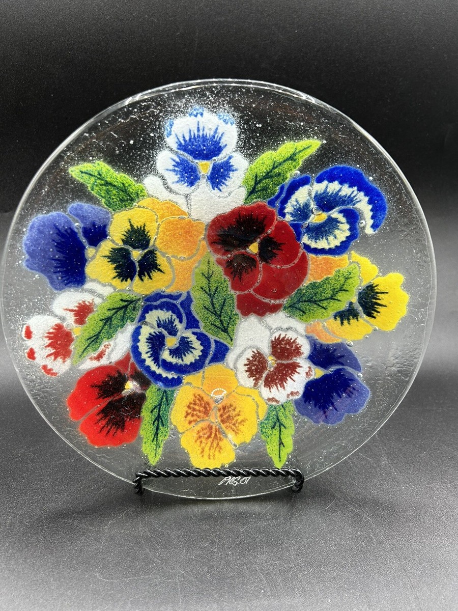 【Peggy Karr】USA  作家  ガラスプレート  大作  サインあり Peggy Karr Signed Fused Art Glass 8” Bowl Pansies Design PKG