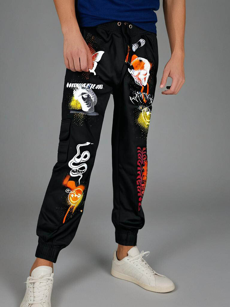 Mens Cargo Trouser Black Large Graffiti Printed Pant Boohoo Man RRP £50 image 4