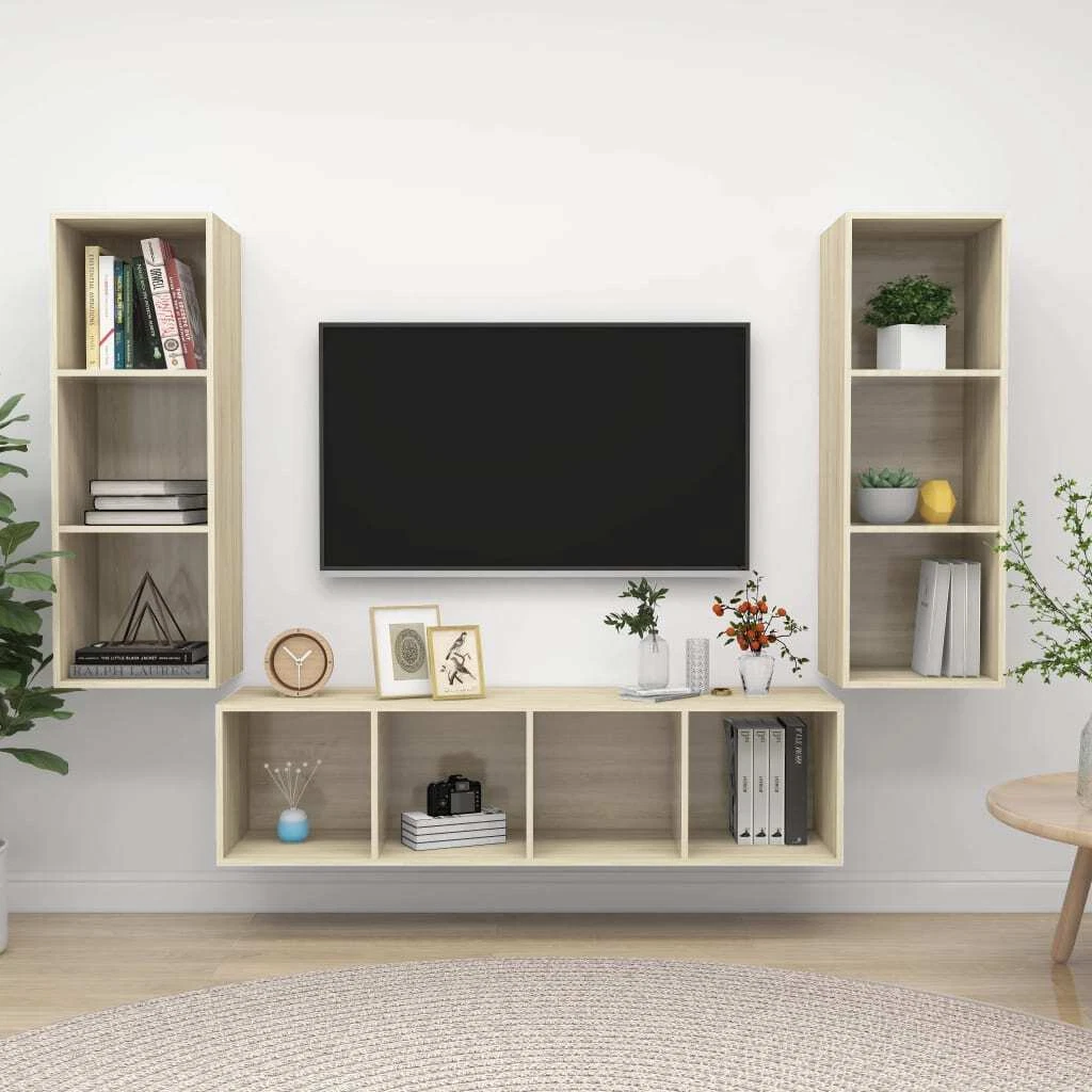 vidaXL 3 Piece TV Cabinet Set Oak Chipboard High Quality eBay