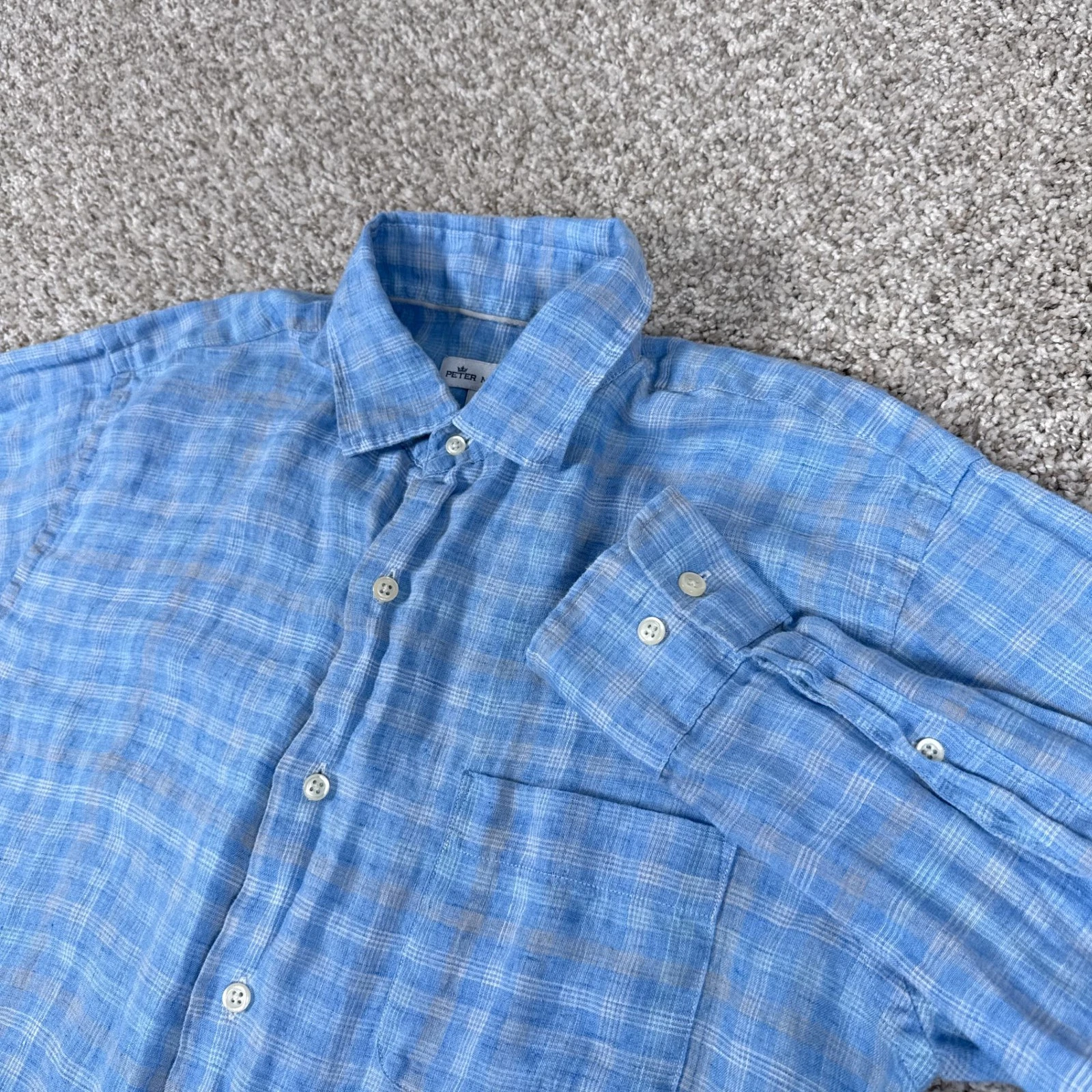 Peter Millar Shirt Mens M Blue Plaid 100% Linen Long Sleeve Button Up Casual