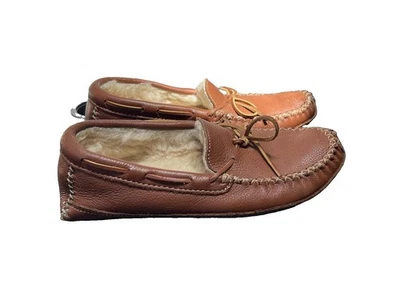 MINNETONKA Pebbled Luggage Tan Leather & Shearling Slippers Size Approx 11 - Image 1 of 4