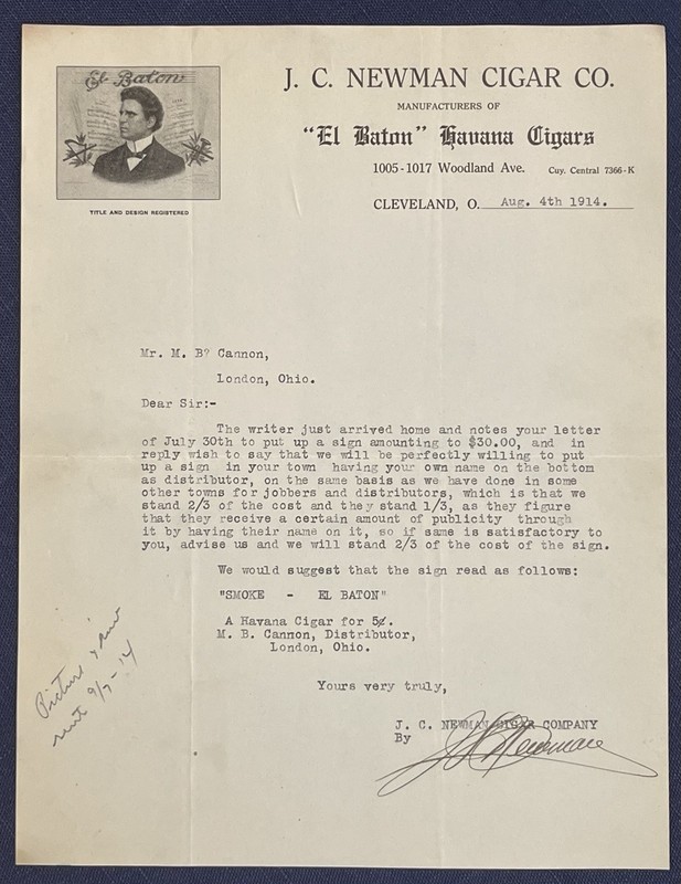 CIGAR EPHEMERA: JC NEWMAN Cleveland OH 1914 Letterhead & SumatraBill&Certificate